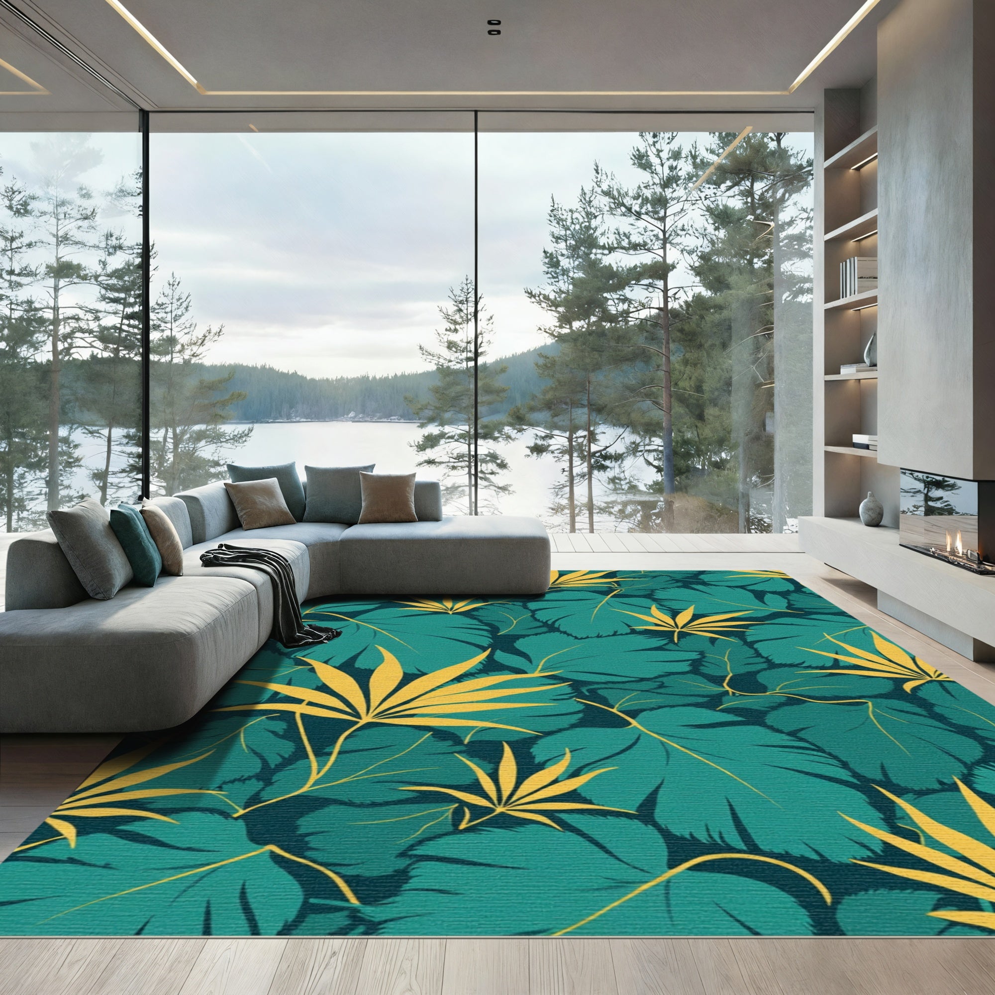 Teal and Gold Tropical Leaf Pattern Rug