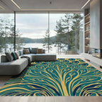 Teal Gold Feathered Bloom Rug