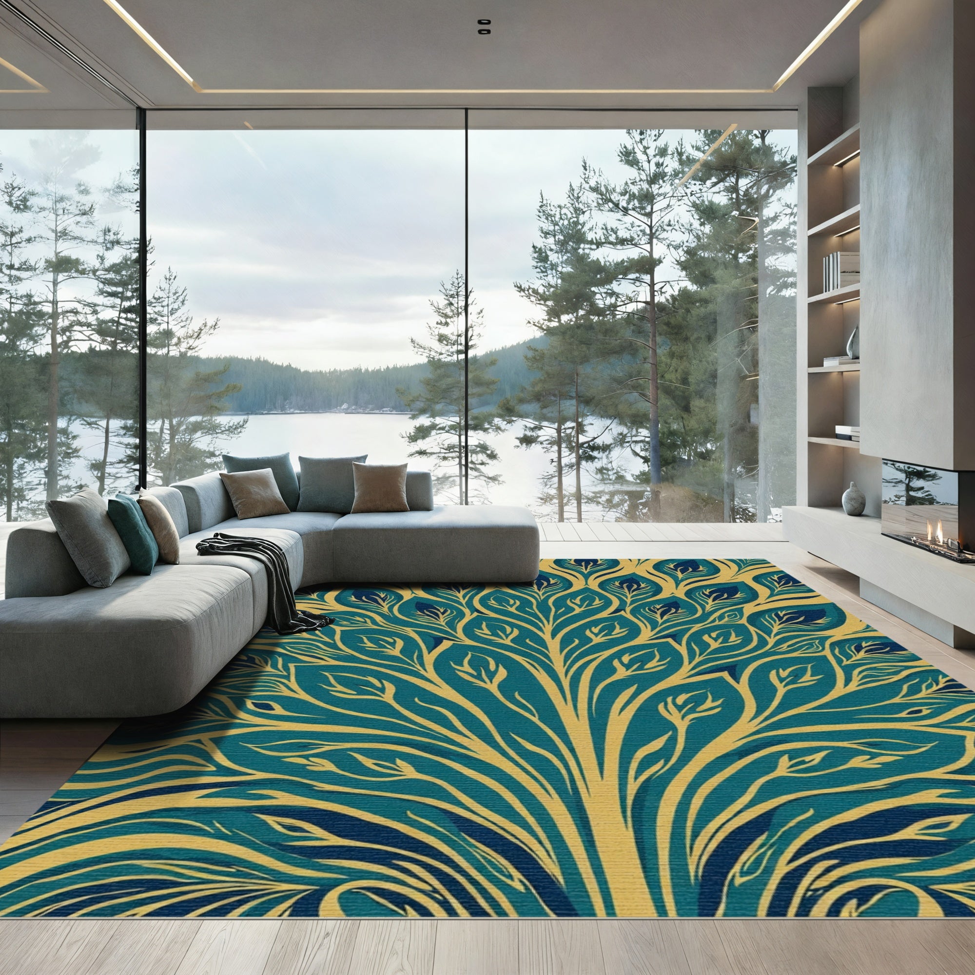 Teal Gold Feathered Bloom Rug