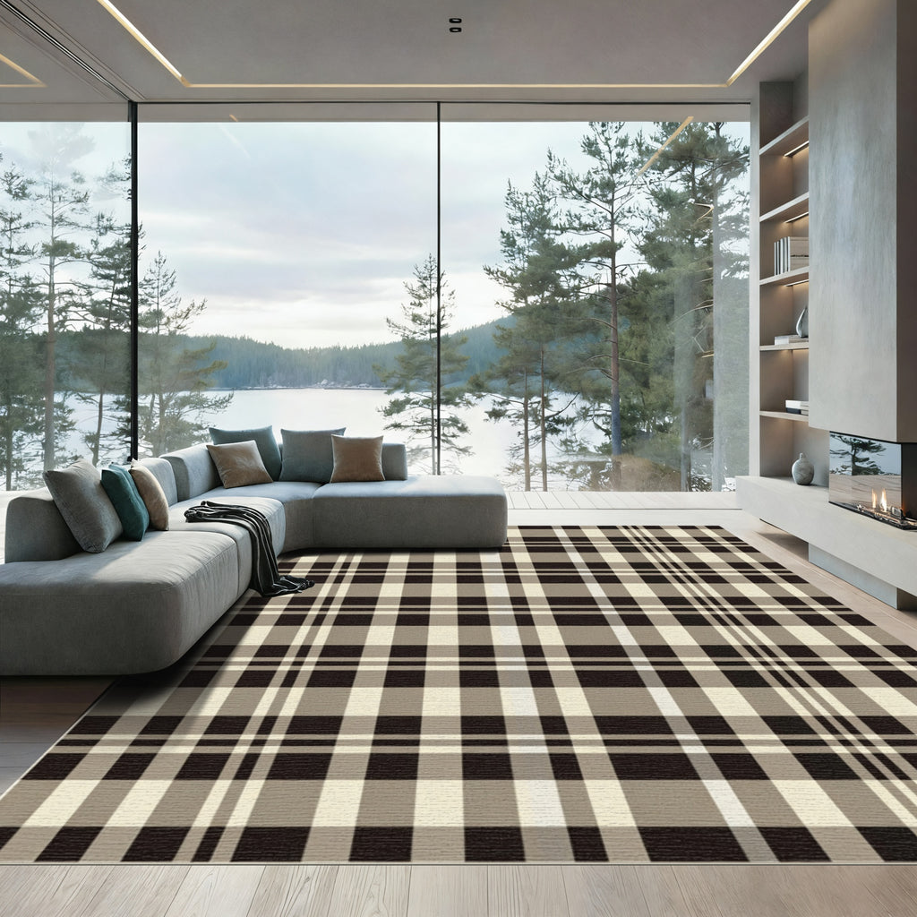 Classic Beige Black Tartan Squares Rug