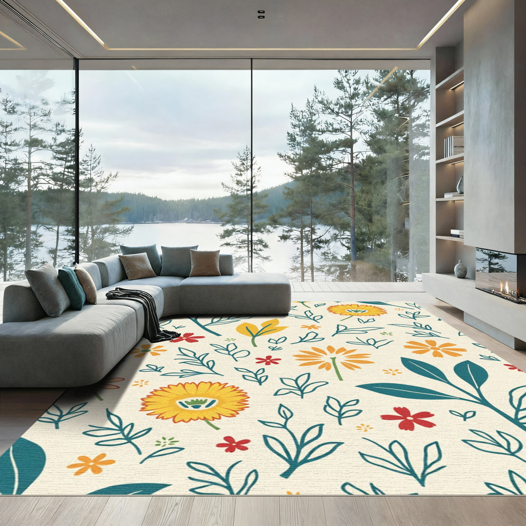 Creamy Yellow And Teal Floral Garden Rug