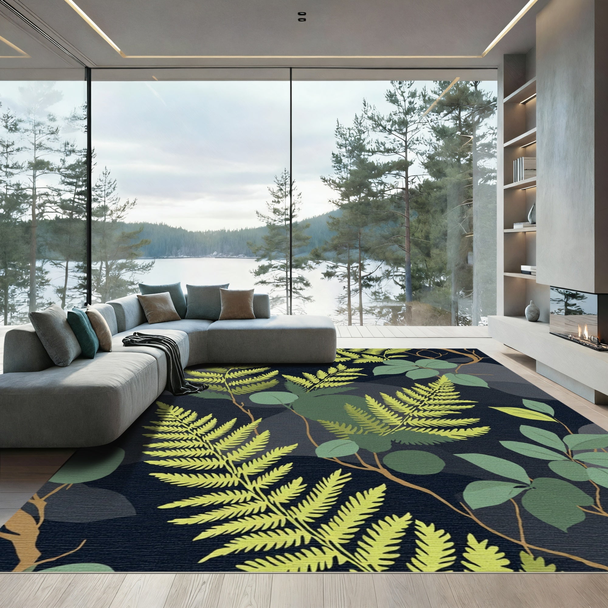 Green Fern Botanical Dark Abstract Rug