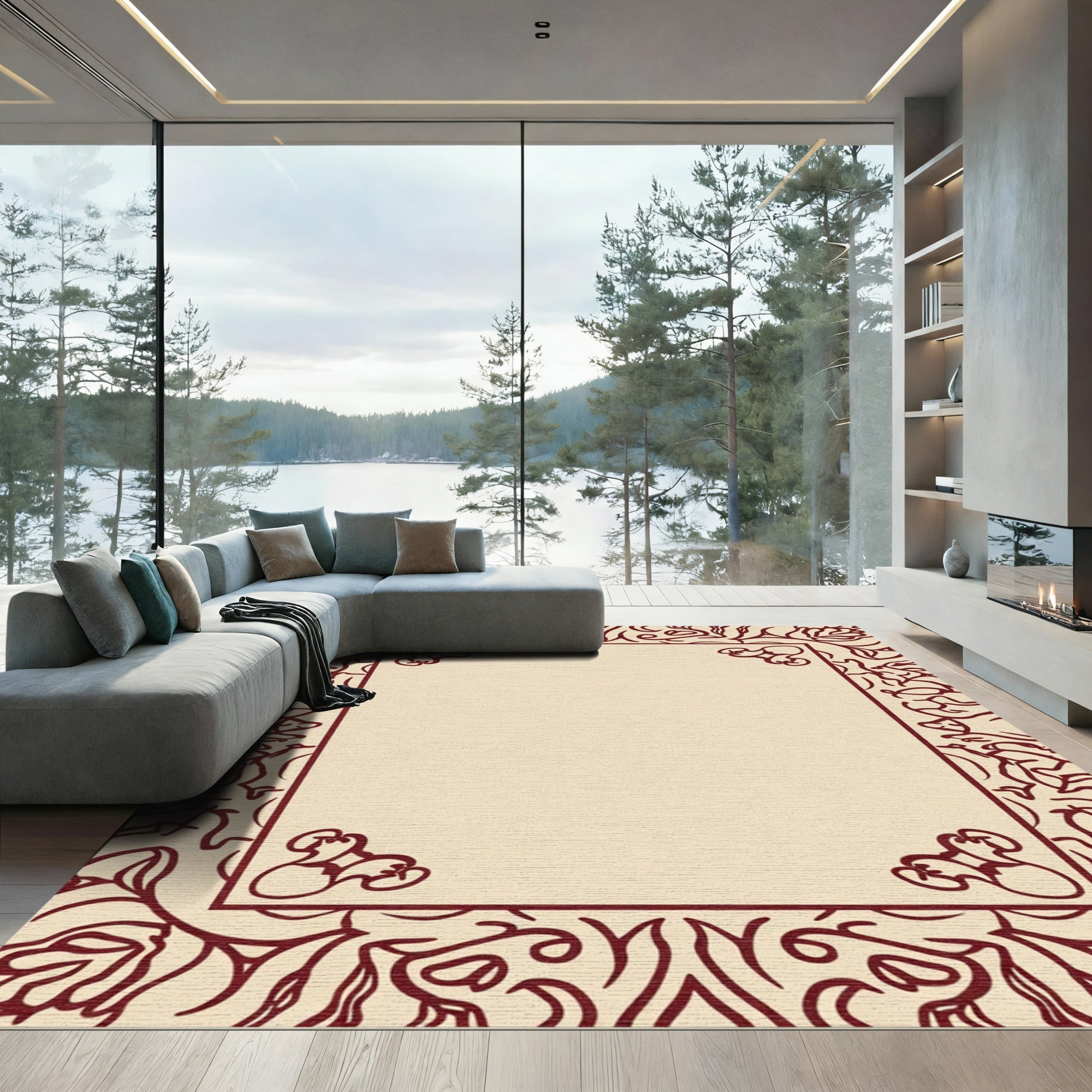 Deep Red Floral Bordered Cream Rug