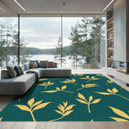 Golden Leaf Branches Teal Background Rug
