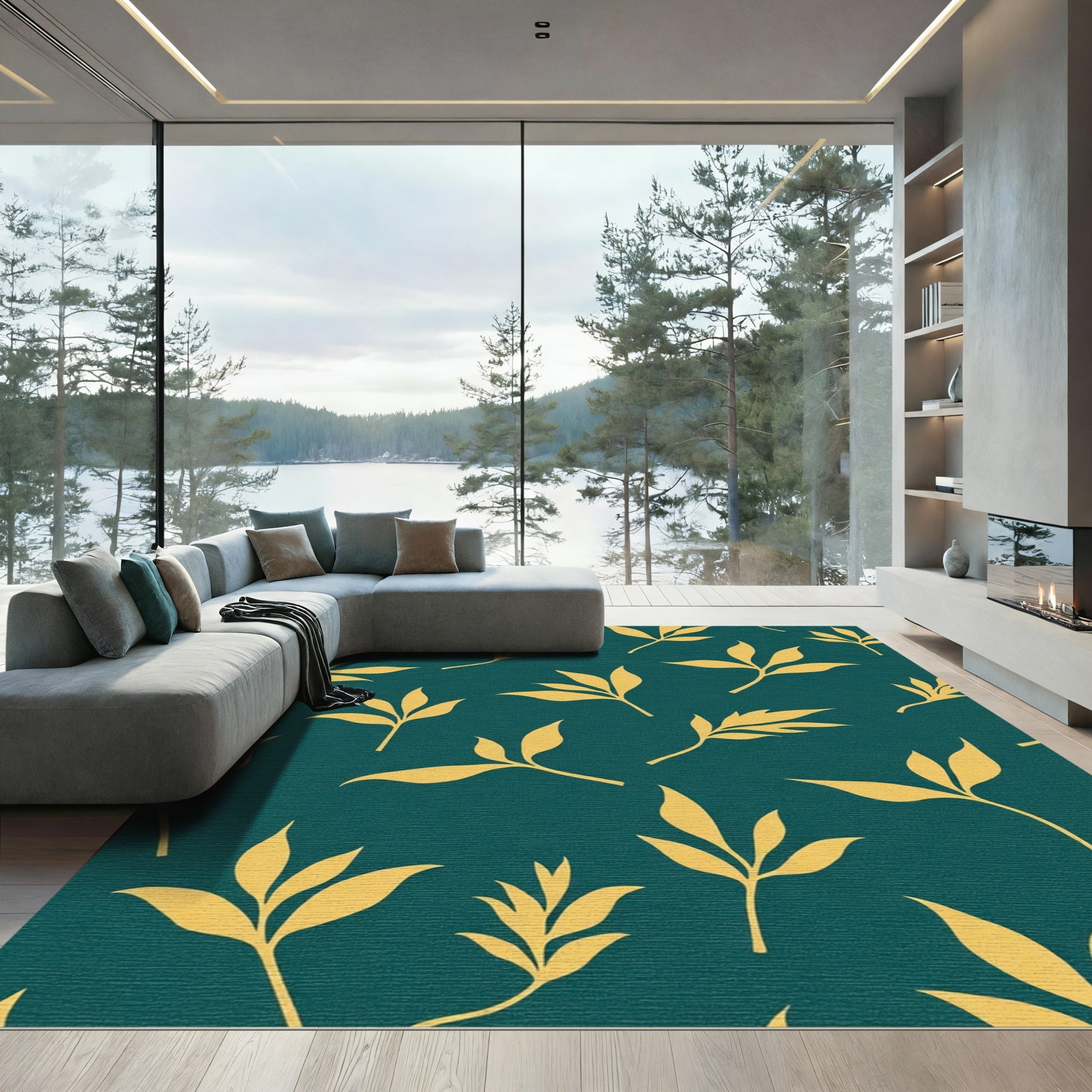 Golden Leaf Branches Teal Background Rug