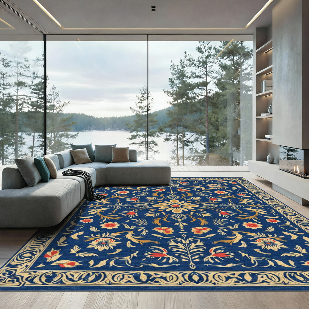 Dark Blue Floral Medallion Garden Rug
