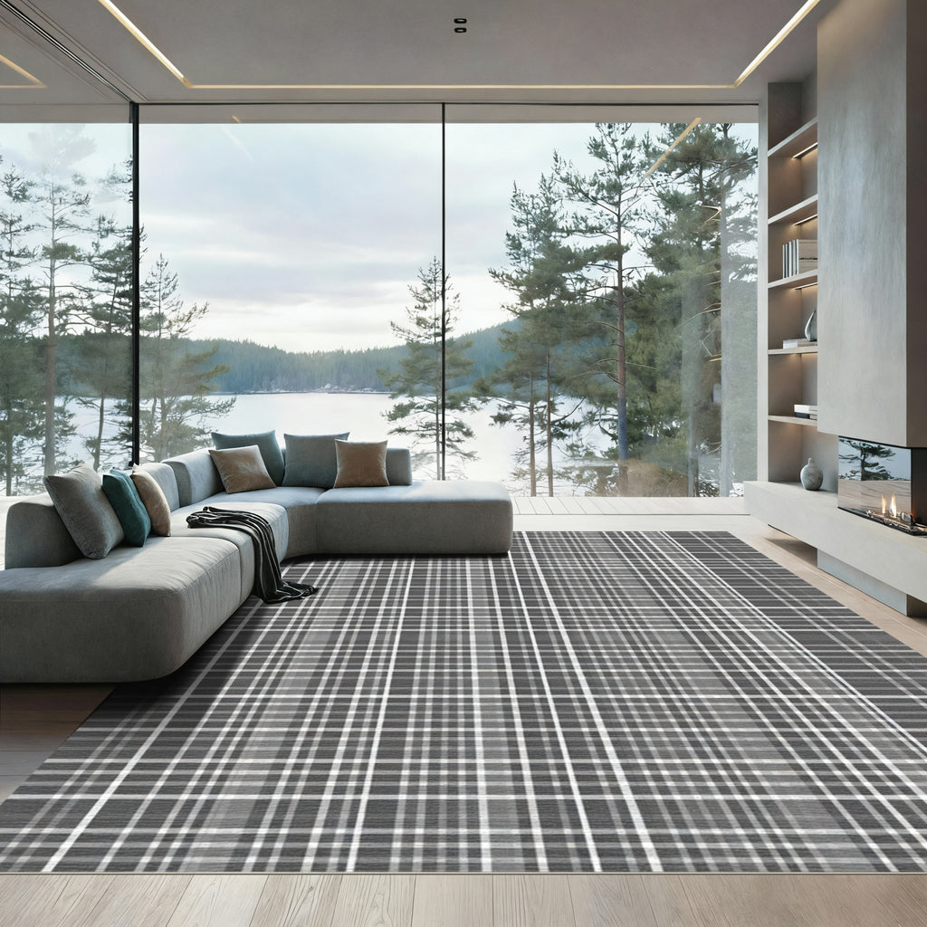 Classic Gray White Plaid Stripe Rug