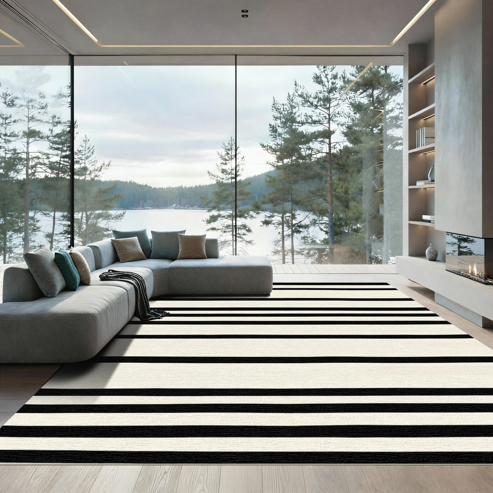 Cream and Black Horizontal Stripe Rug