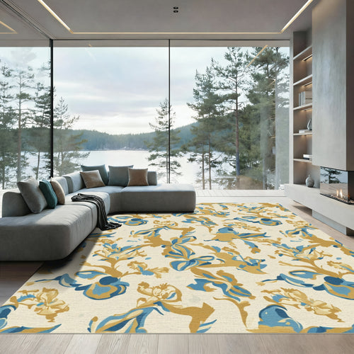 Abstract Blue Gold Floral Botanical Rug