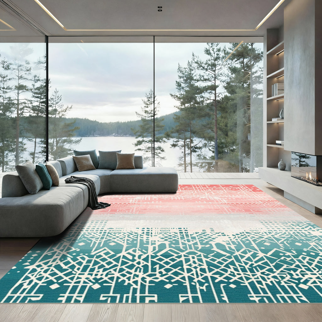 Coral Teal Geometric Gradation Rug