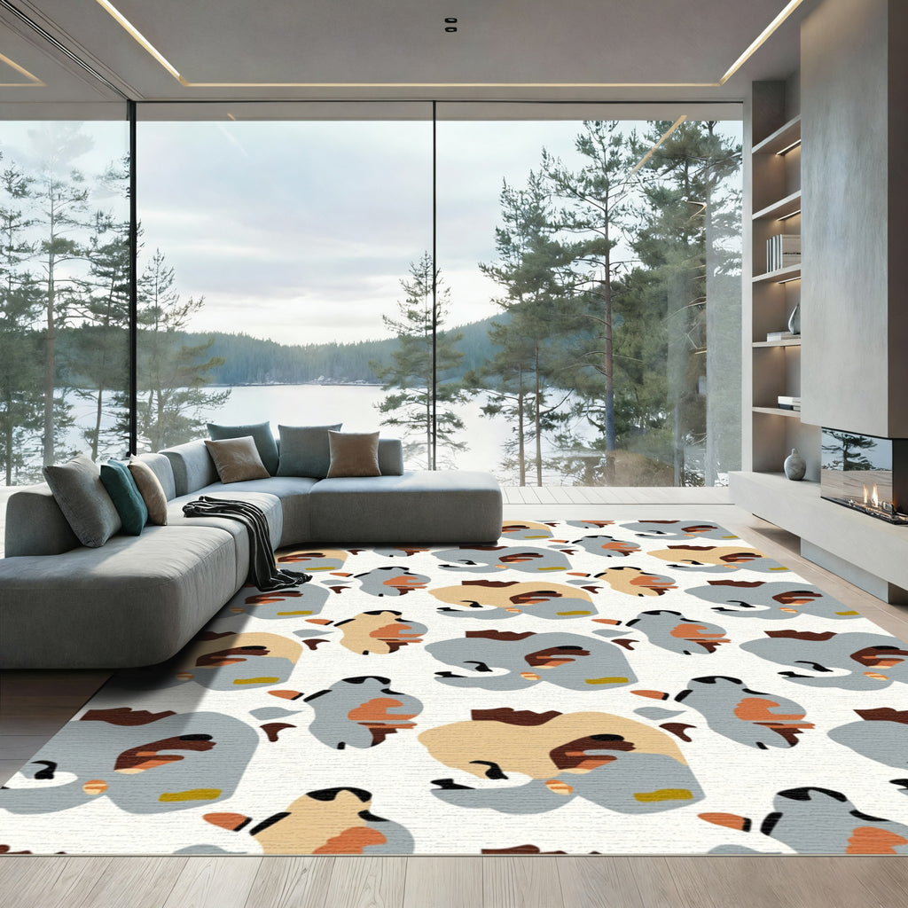 Abstract Beige Blue Brown Organic Shapes Rug