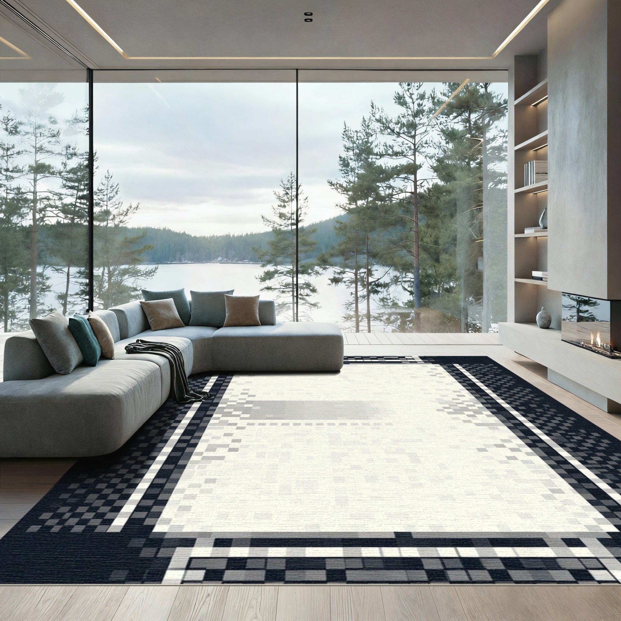 Geometric Pixelated Monochrome Border Rug