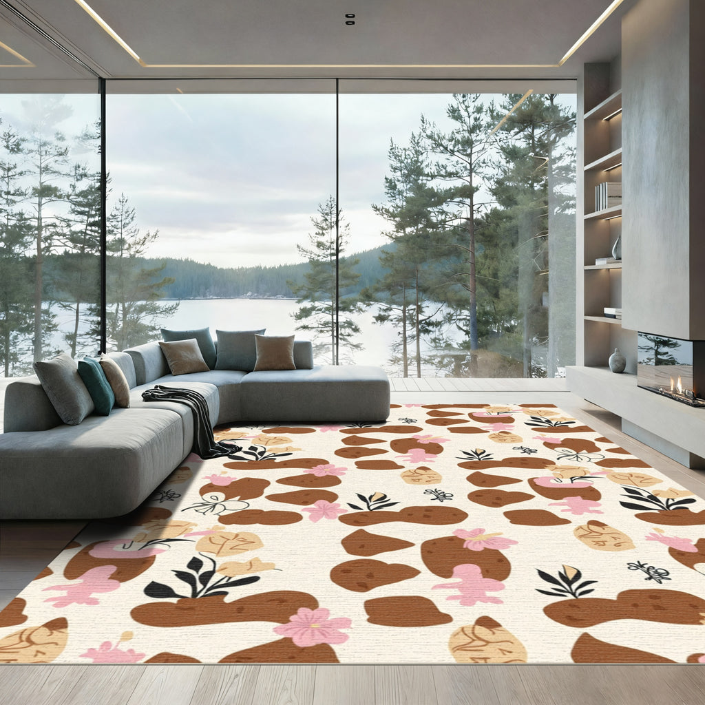 Whimsical Brown Floral Clay Pebble Rug
