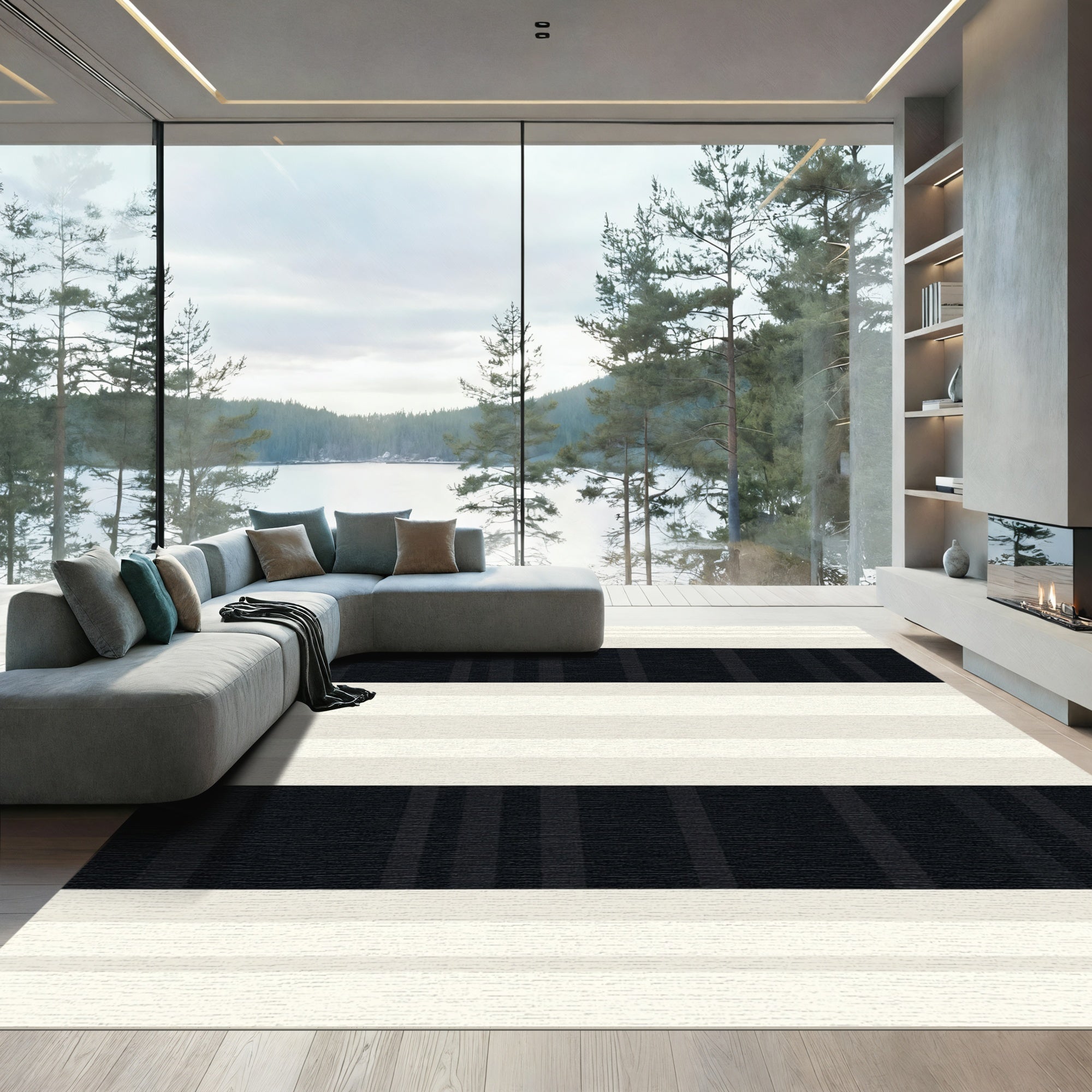 Cream and Black Striped Contemporary Rug