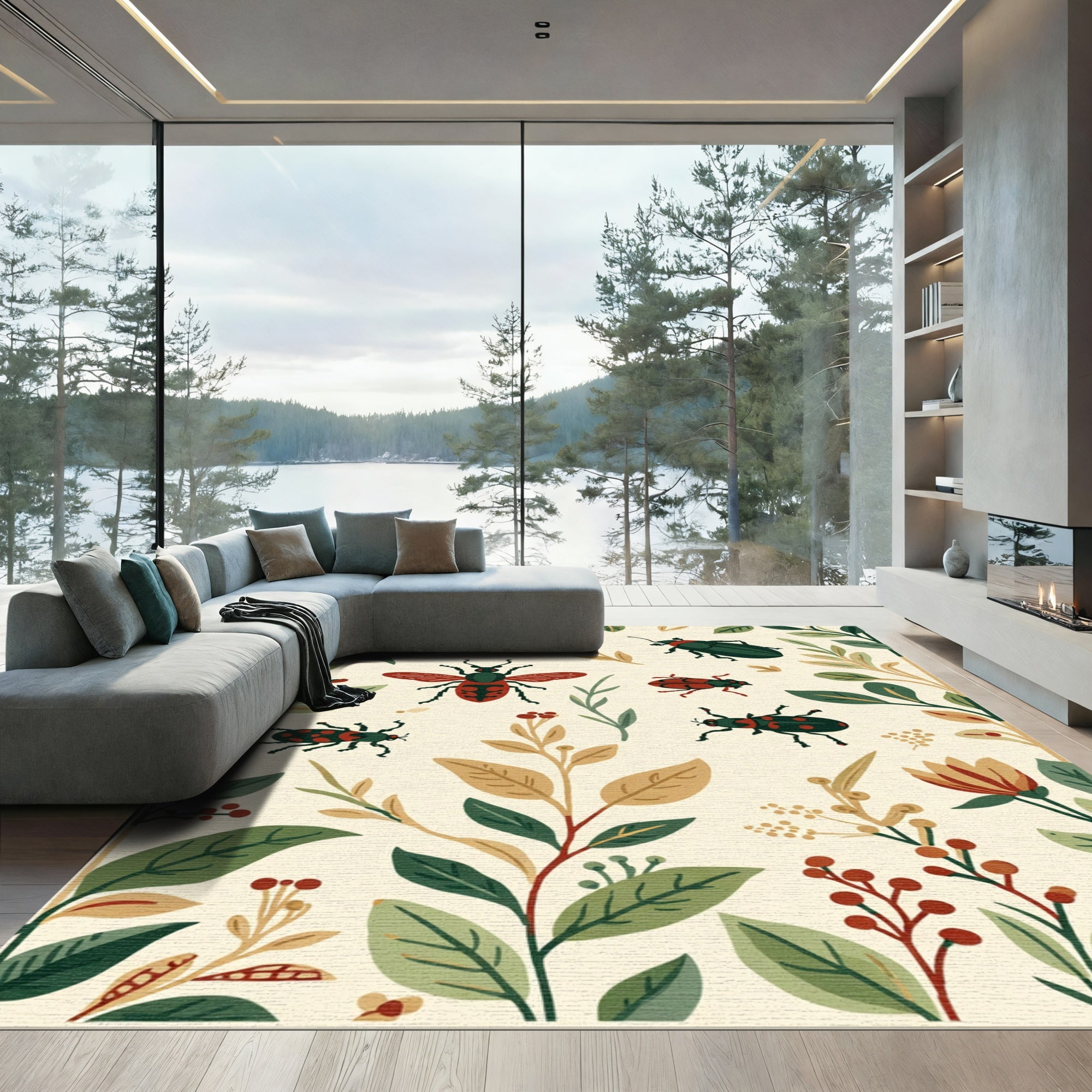 Botanical Insects Red Green Earthy Tones Rug