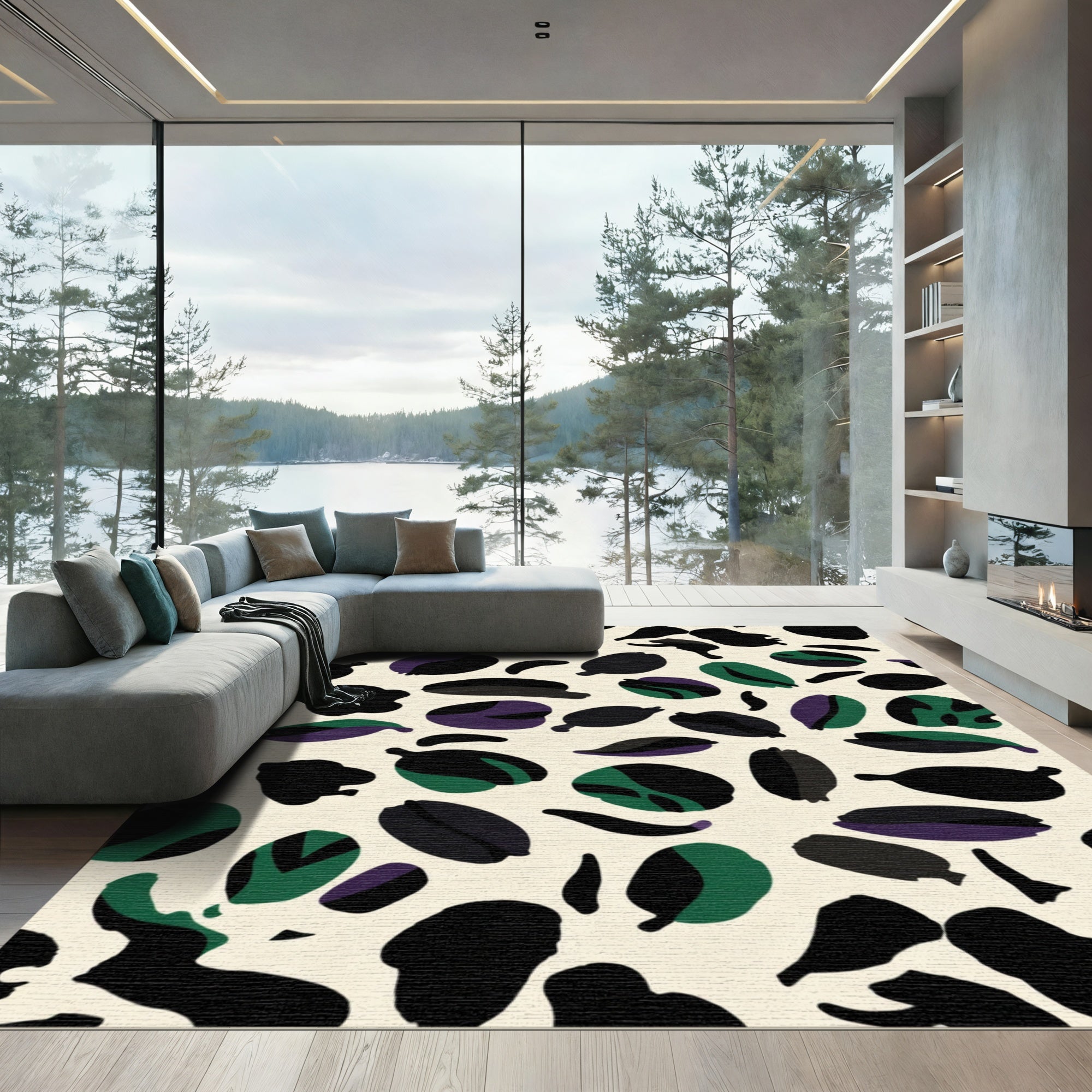 Organic Black Green Purple Shapes Rug