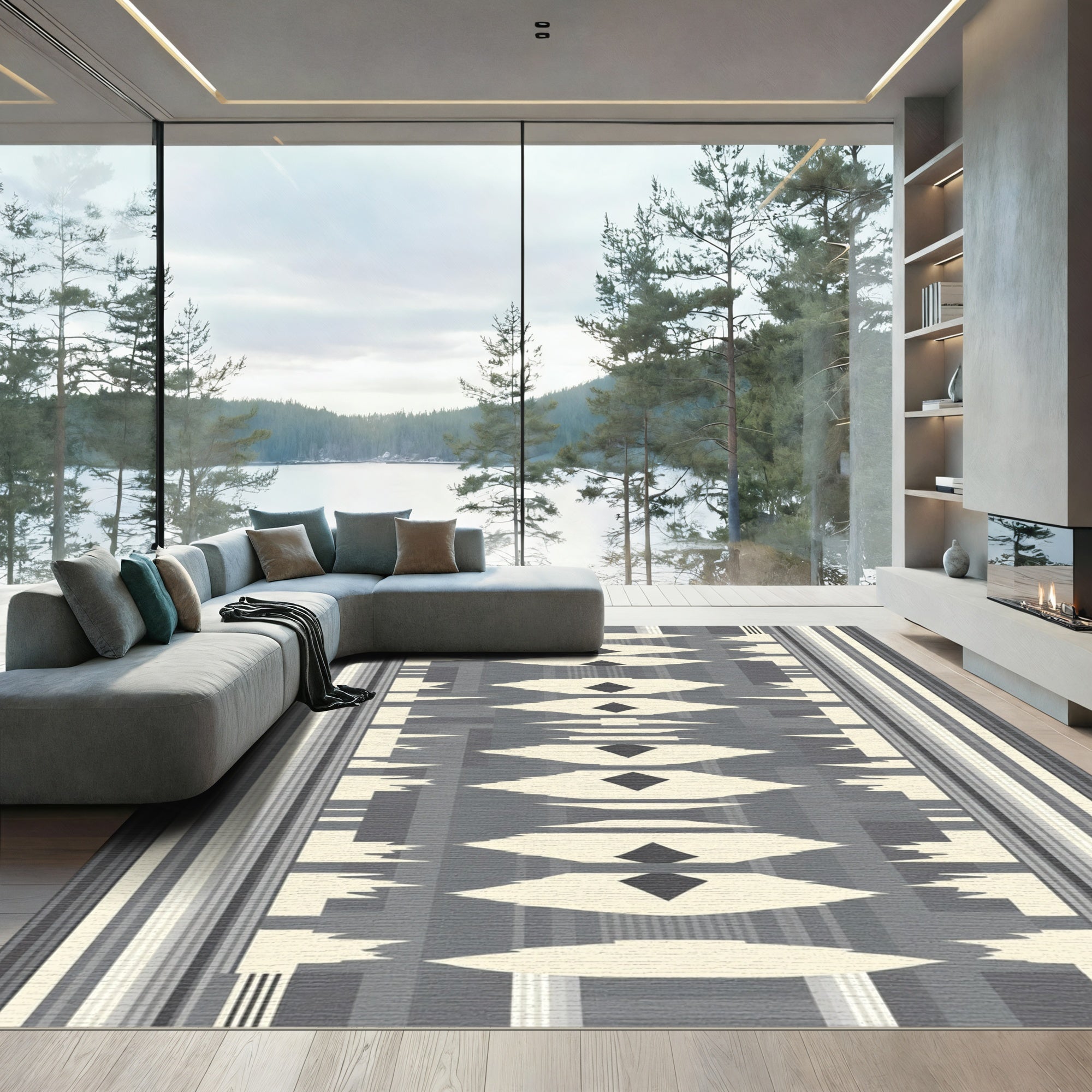 Gray Cream Diamond Stripe Geometric Rug