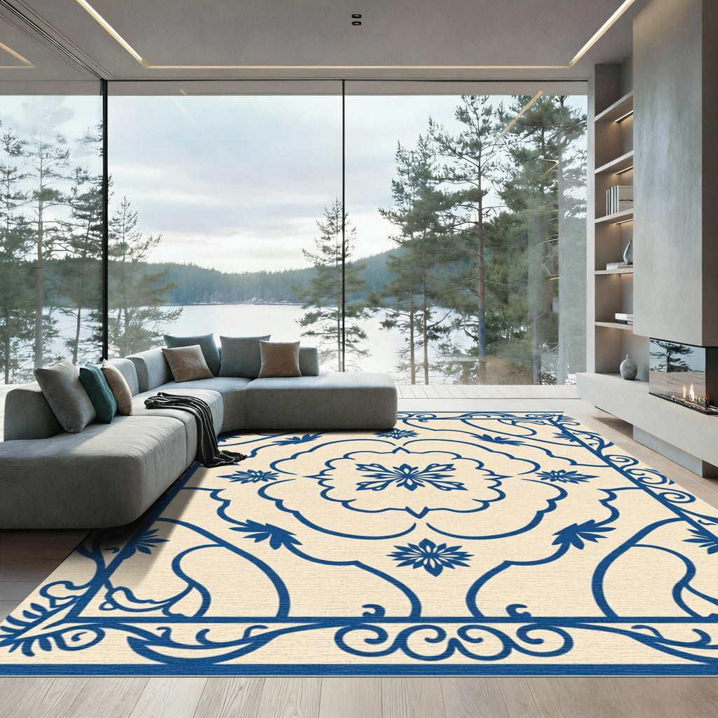 Ivory and Cobalt Blue Floral Frame Rug