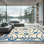 Ivory and Cobalt Blue Floral Frame Rug