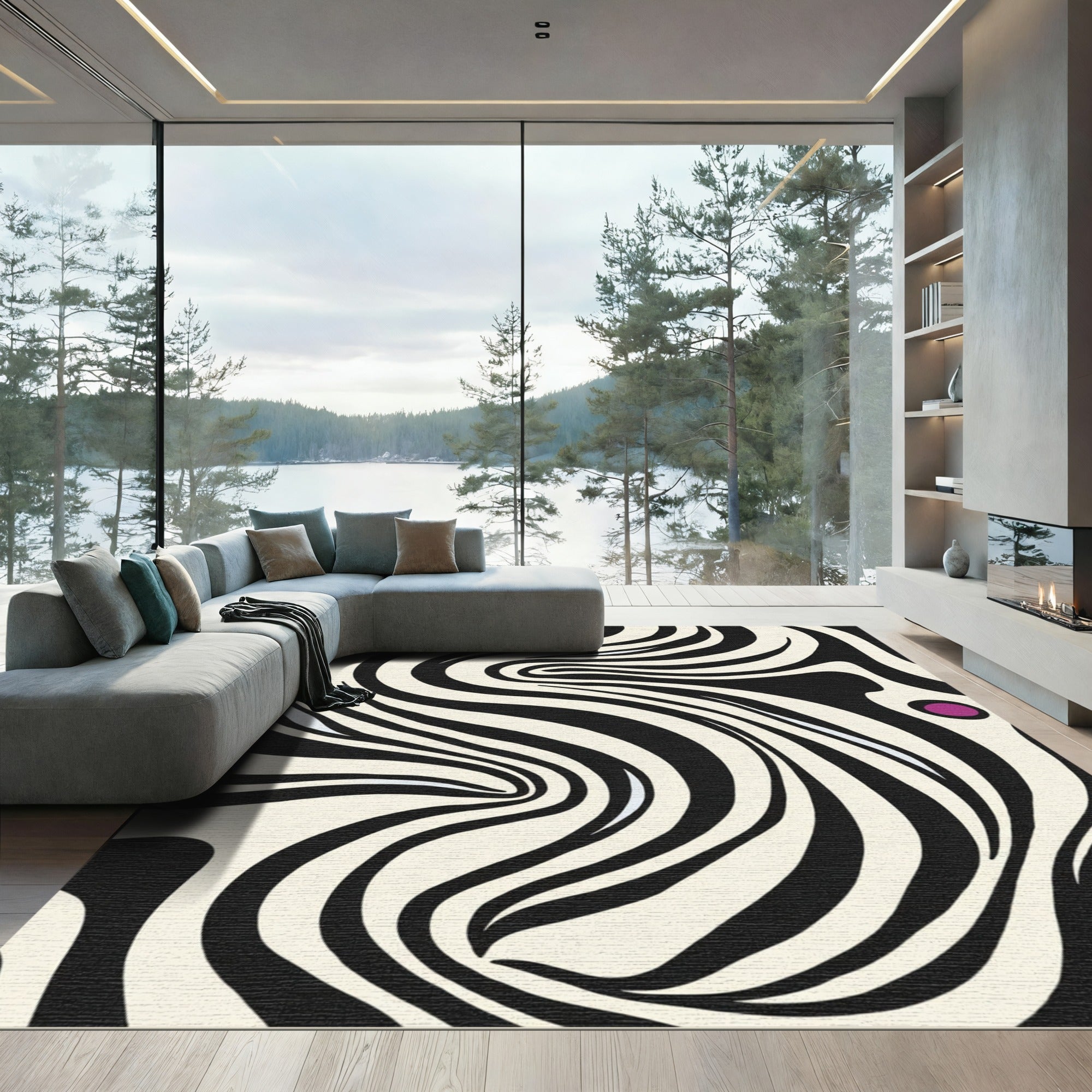 Cream and Black Wavy Zebra Stripe Rug