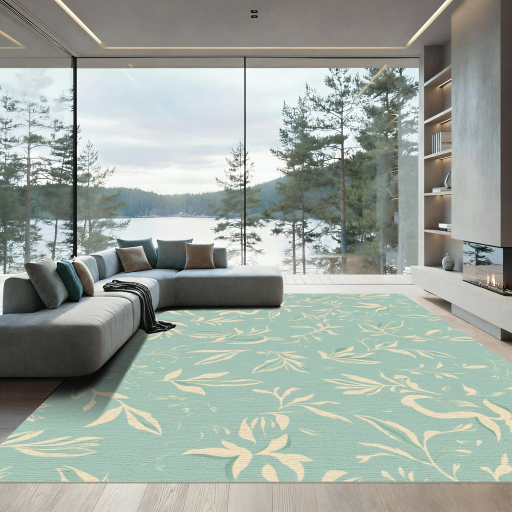 Pale Yellow Botanical Branches Aqua Background Rug