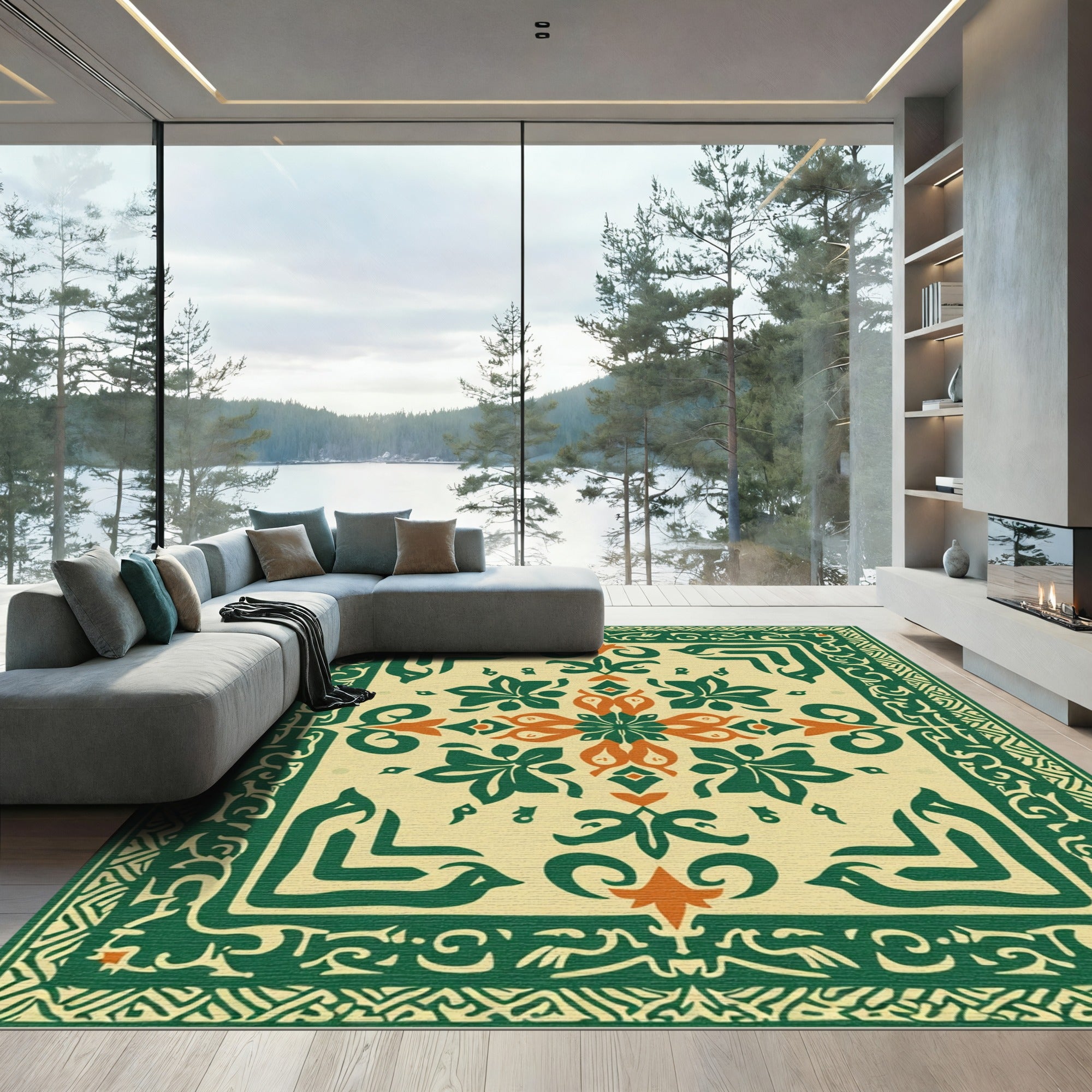 Emerald Green Orange Floral Medallion Rug