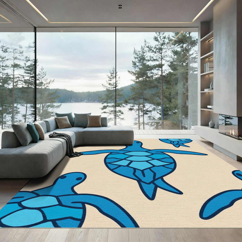 Ocean Blue Sea Turtle Geometric Repeat Rug