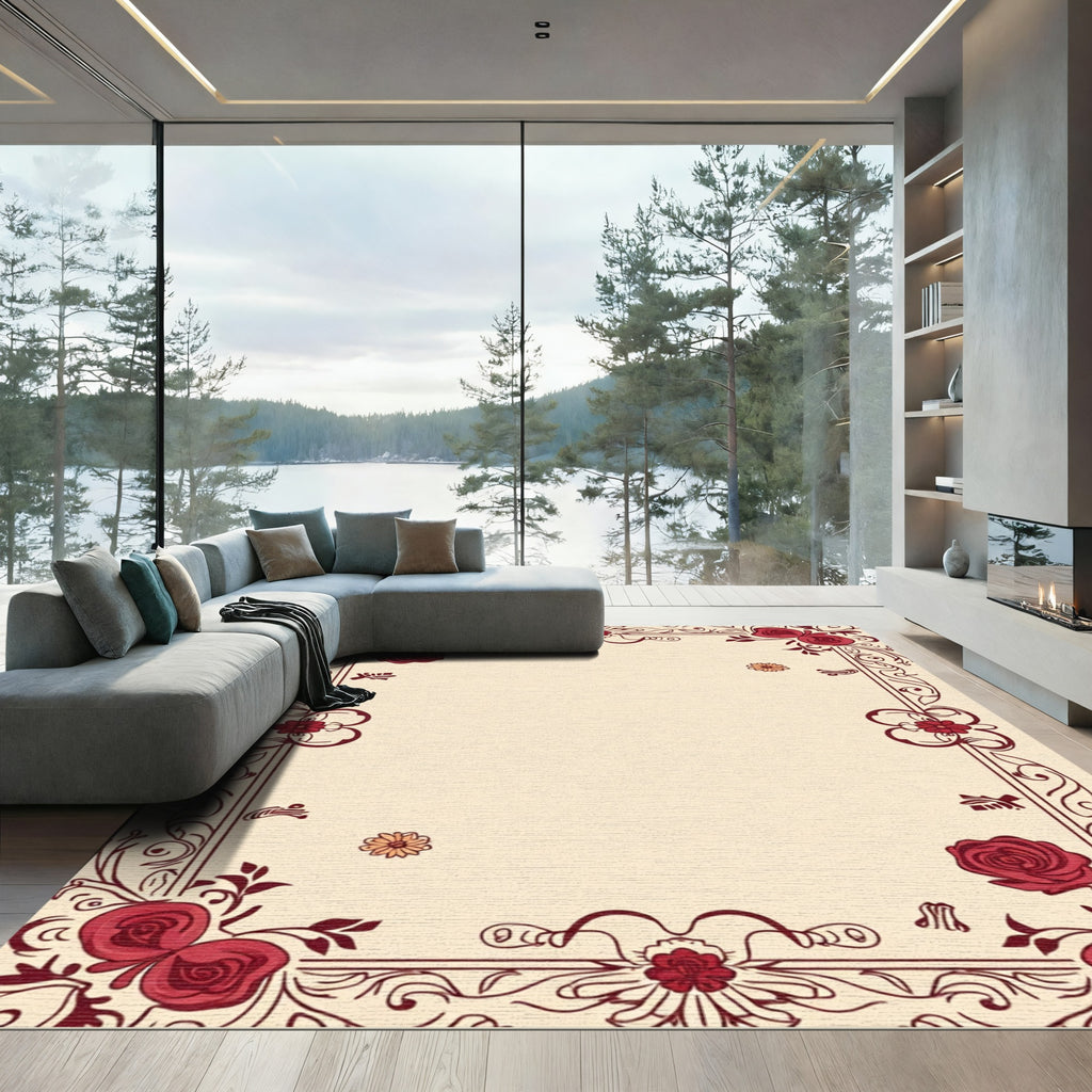 Crimson Red Floral Vine Border Rug