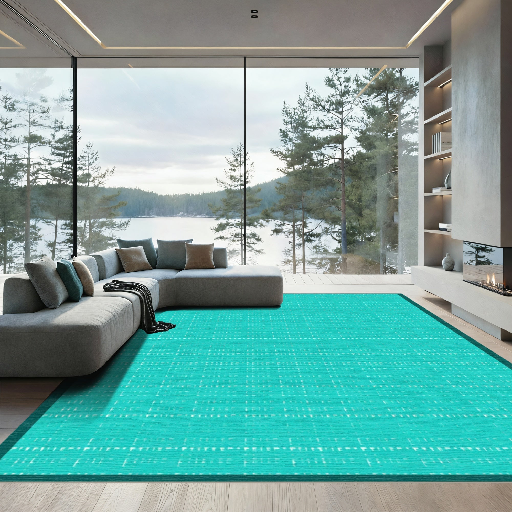 Aqua White Linear Grid Overlay Rug