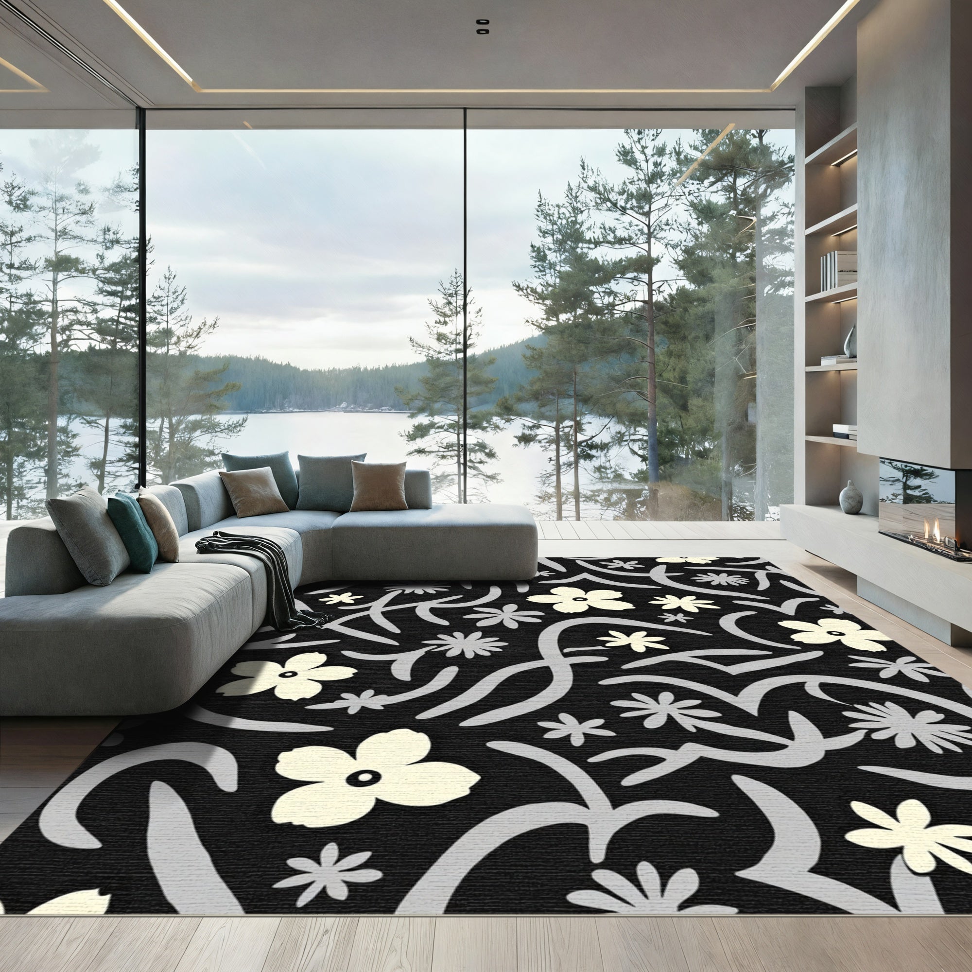 Cream Floral Scrolled Black Rug
