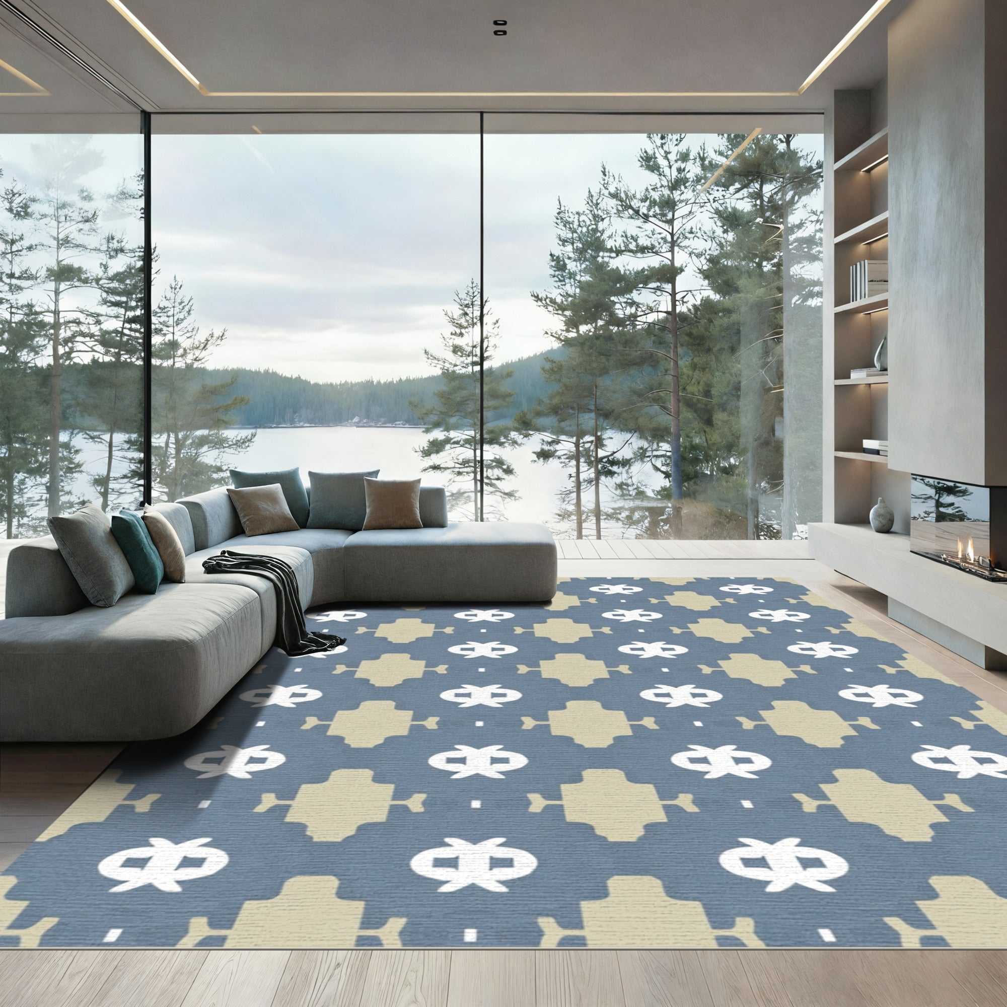 Blue Tan Geometric Bloom Rug