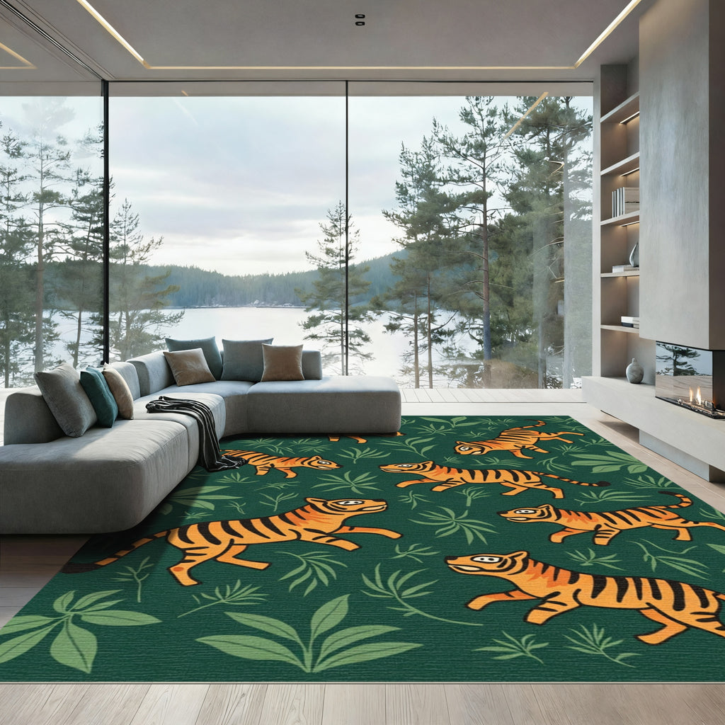 Playful Orange Tigers Lush Green Jungle Rug