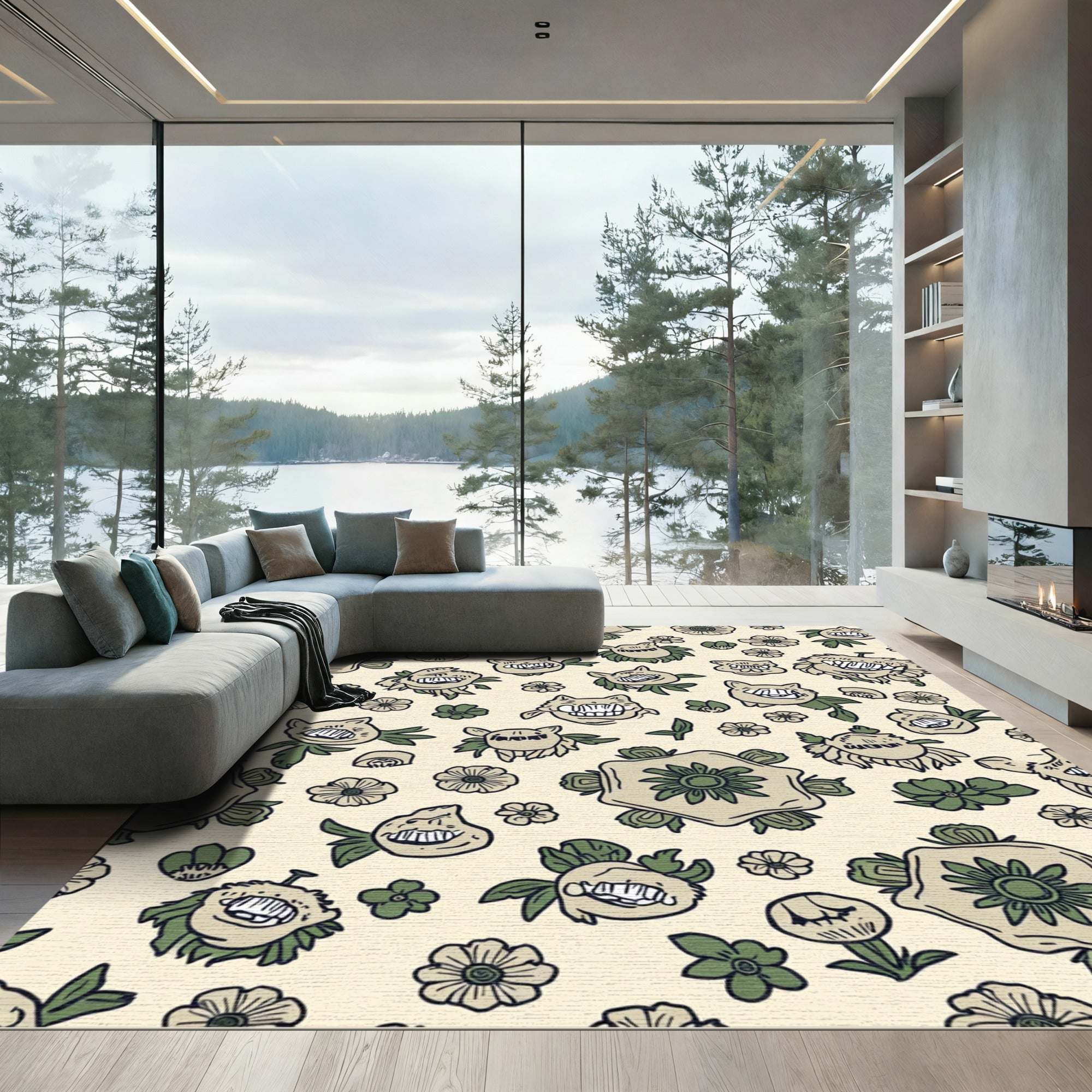 Whimsical Creature Flowers Cream Background Rug