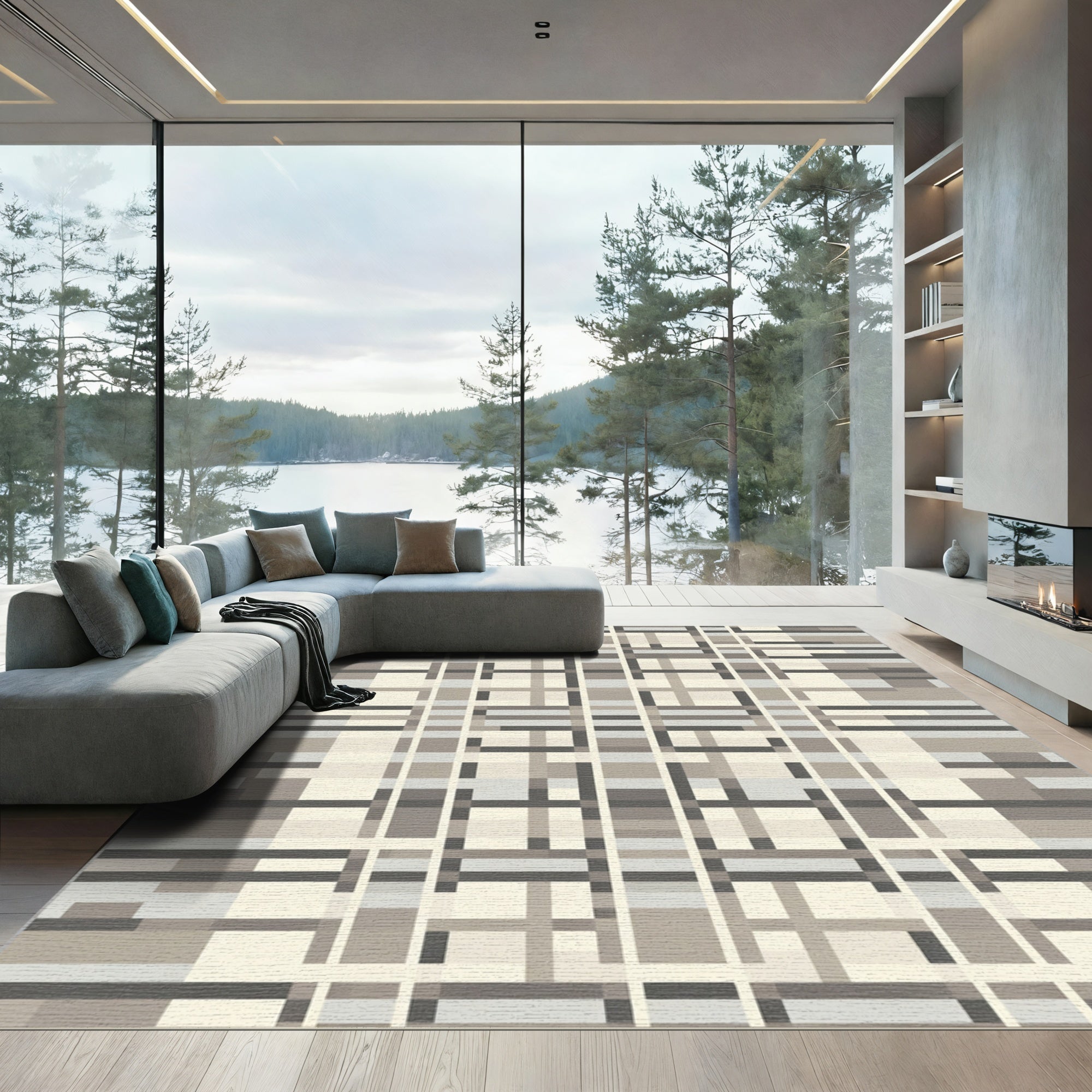 Neutral Tone Plaid Geometric Grid Rug