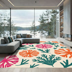 Coral Orange Pink Teal Branch Collage Rug