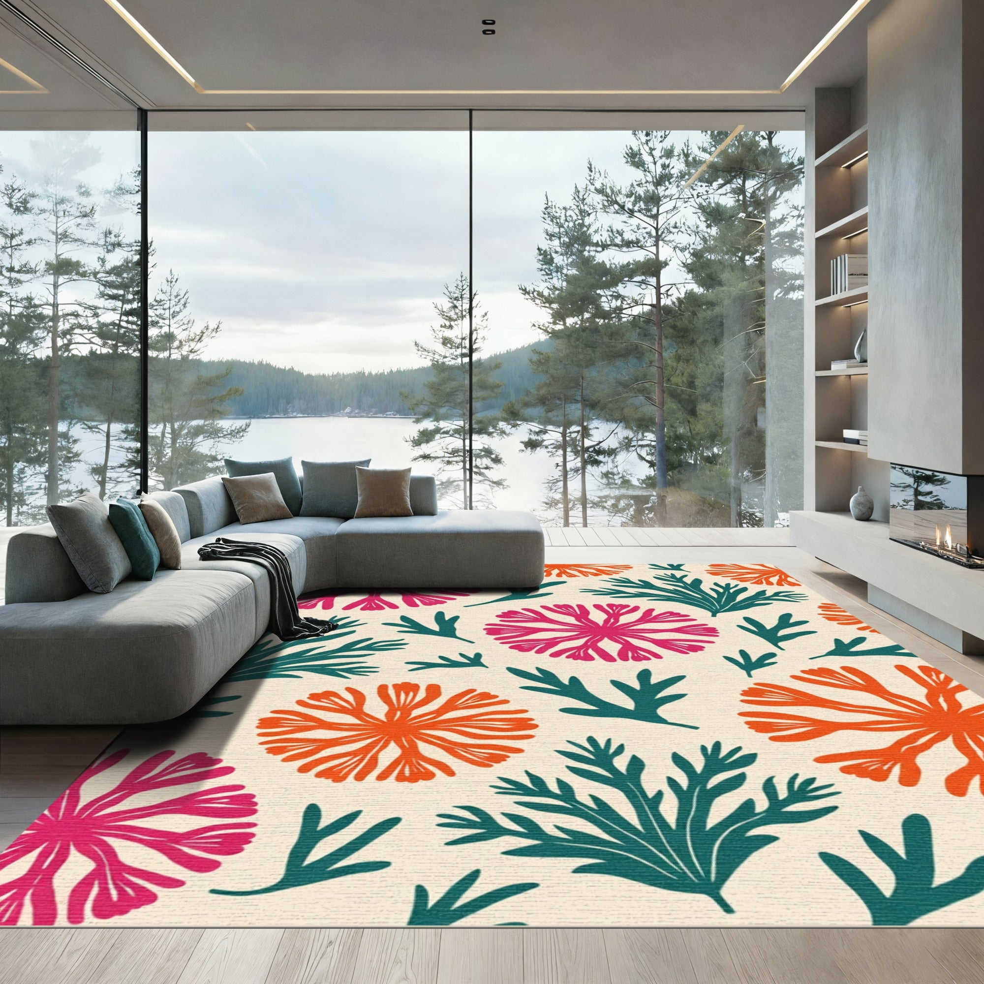 Coral Orange Pink Teal Branch Collage Rug
