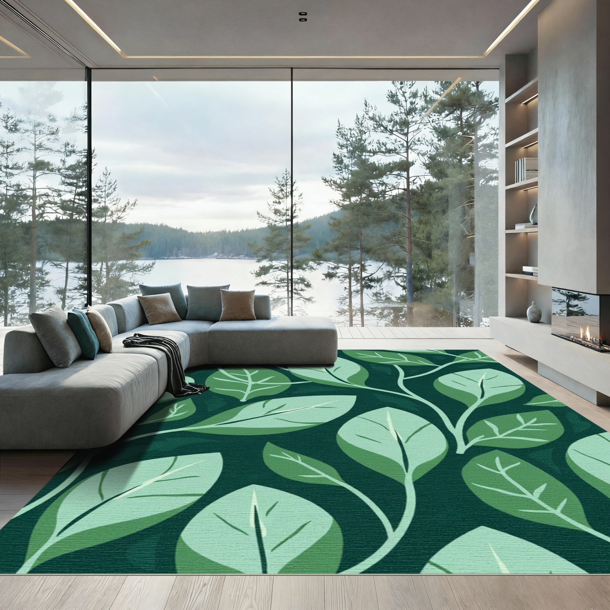 Dark Green Leafy Branches Harmony Rug