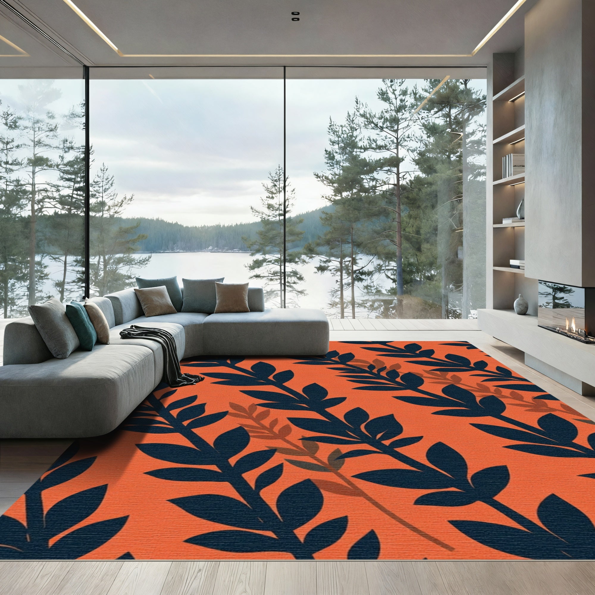 Orange Navy Leafy Branches Rug