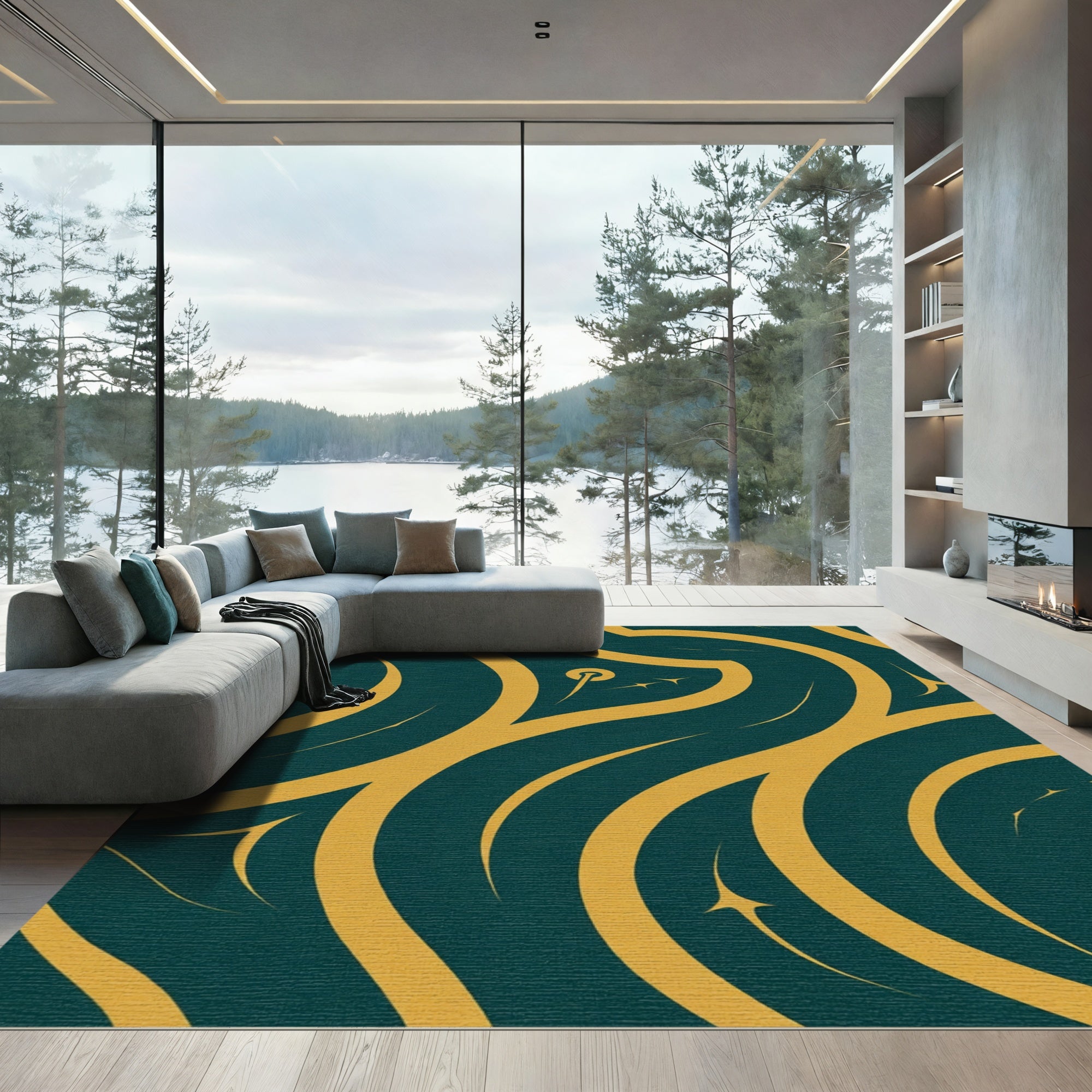 Deep Teal Gold Abstract Swirls Rug