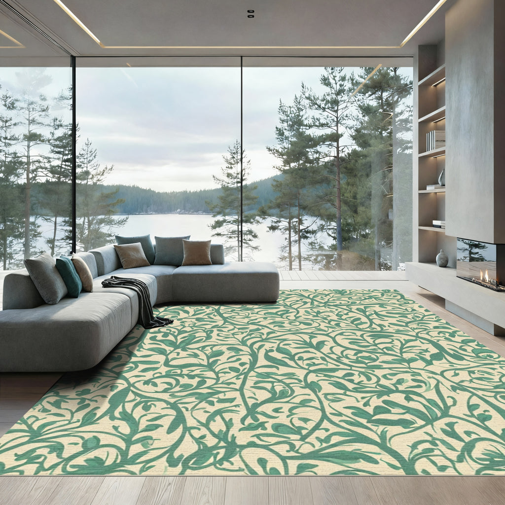 Sage Green Leafy Vine Swirls Rug