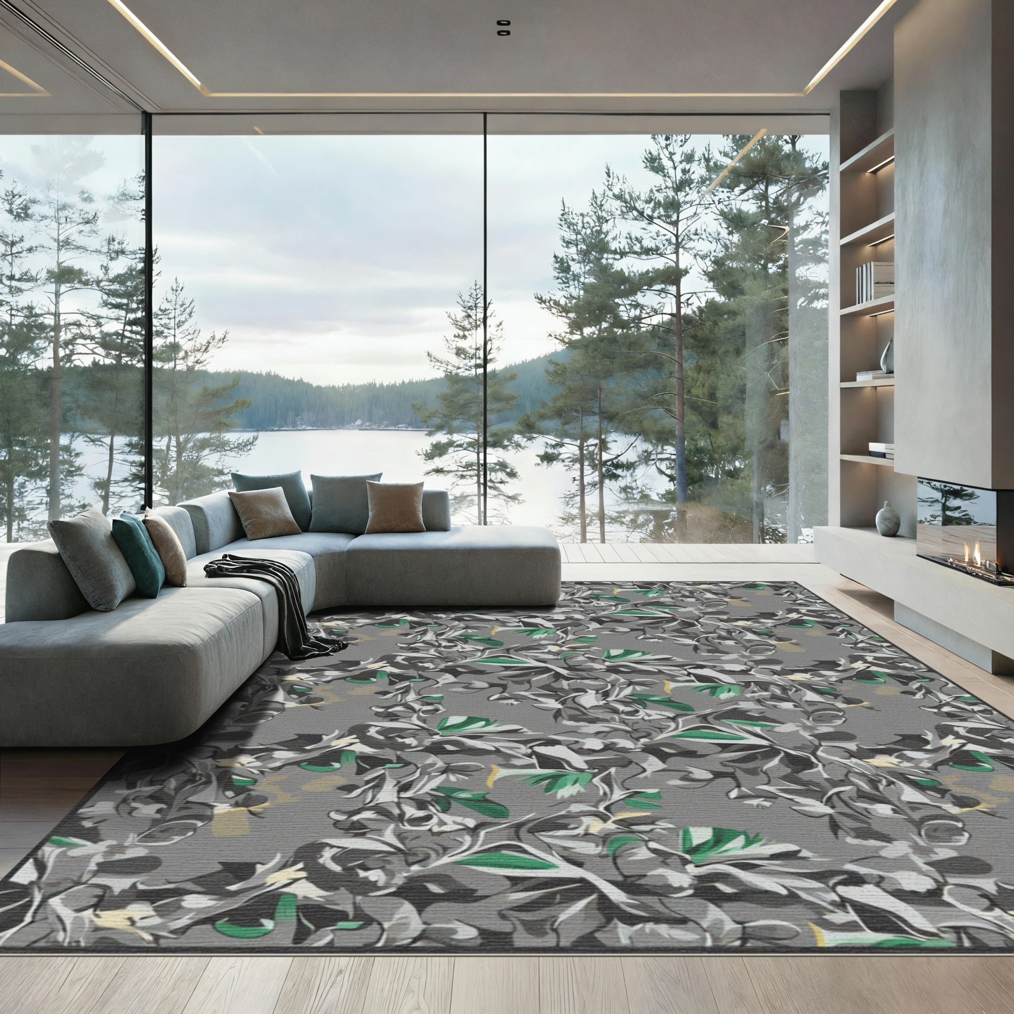 Gray Green Botanical Floral Swirl Rug