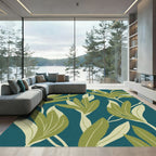 Teal Abstract Green Leaf Composition Rug