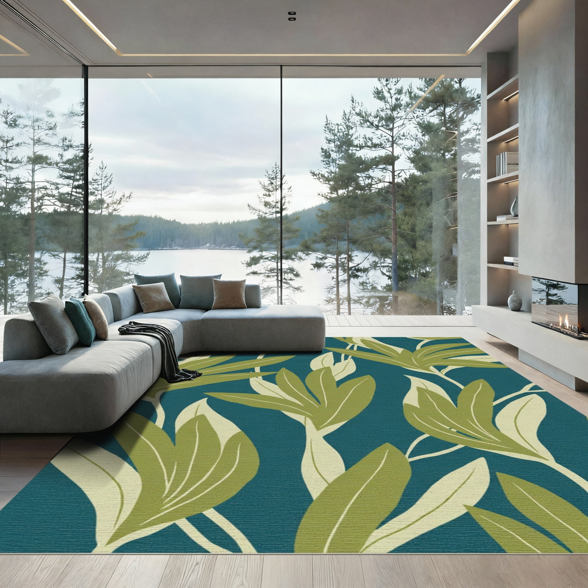 Teal Abstract Green Leaf Composition Rug