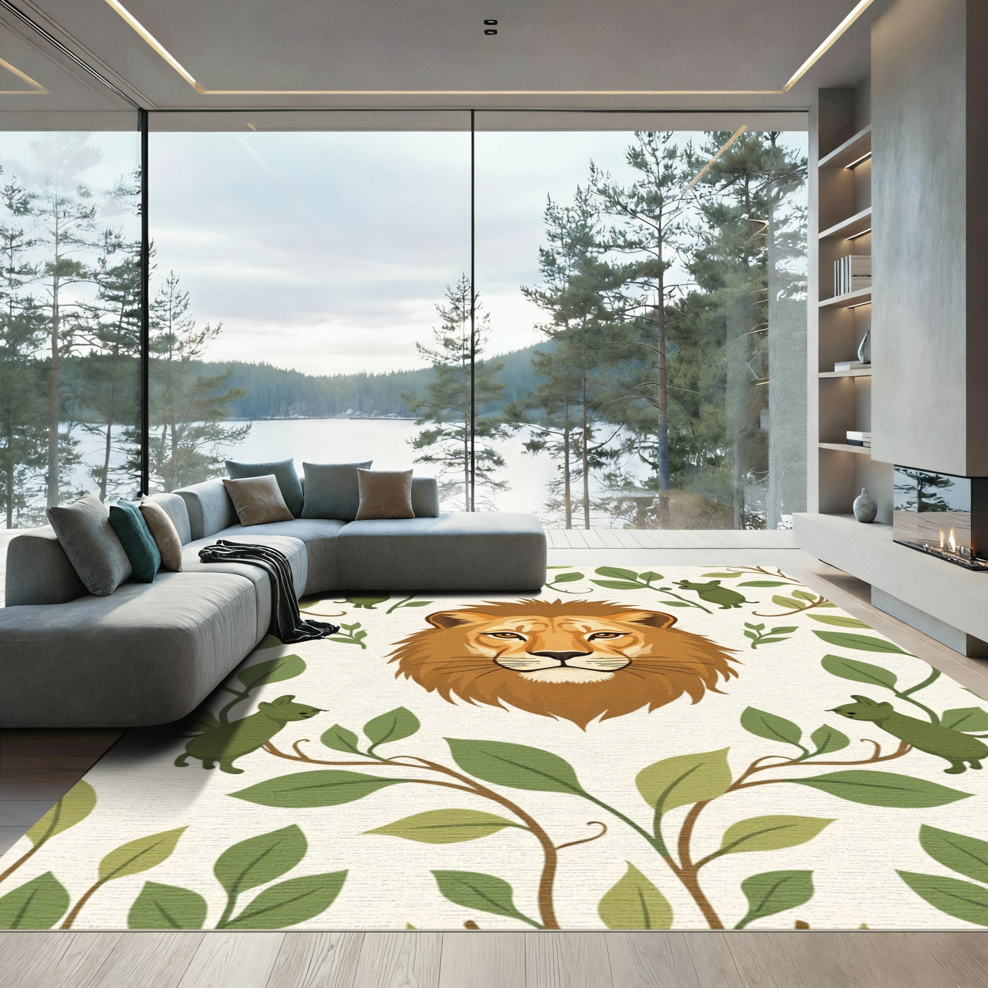 Golden Lion Greenery Creature Arrangement Rug