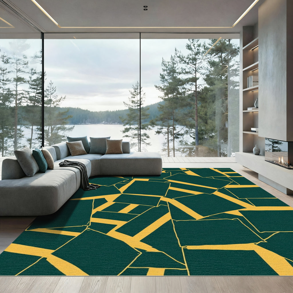 Deep Teal Ochre Block Overlay Rug