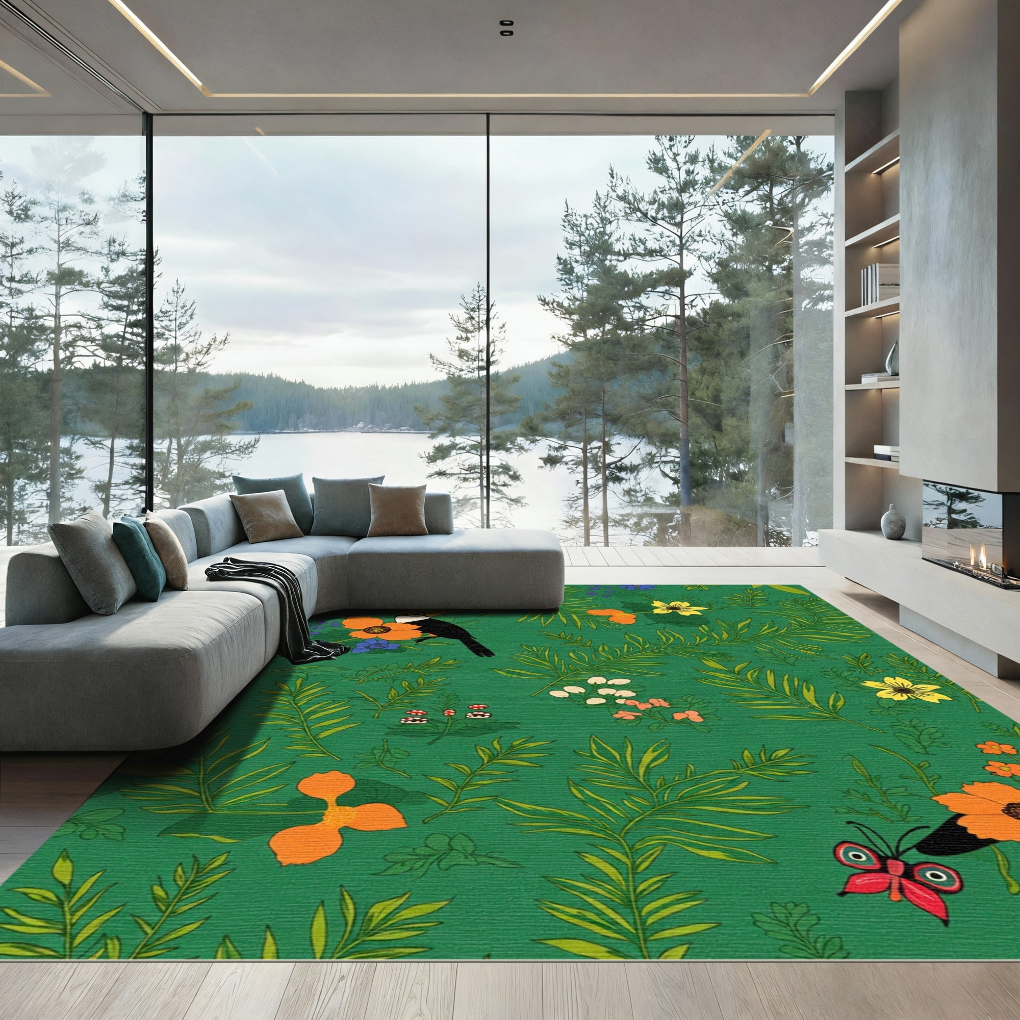 Emerald Green Tropical Toucan Floral Rug