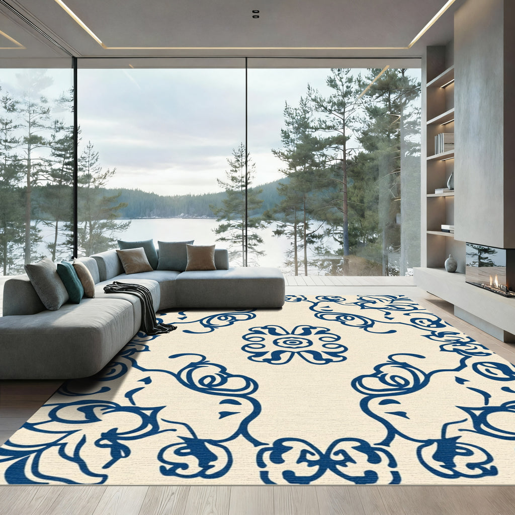 Navy Blue Floral Swirl Medallion Rug