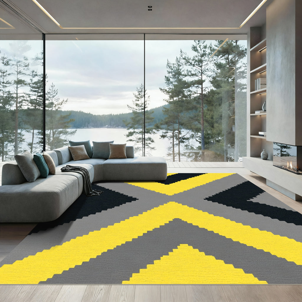 Bold Yellow Gray Black X Form Rug