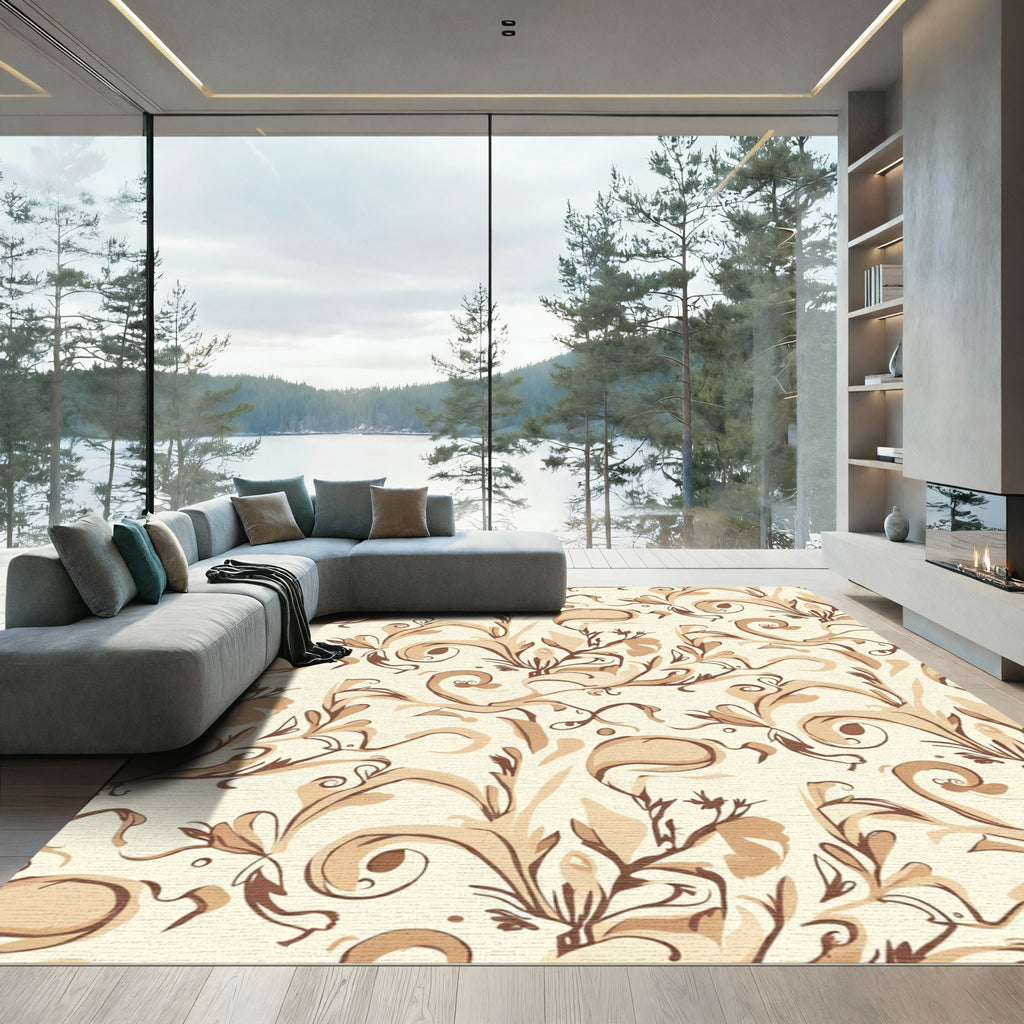 Brown Floral Swirl Watercolor Rug