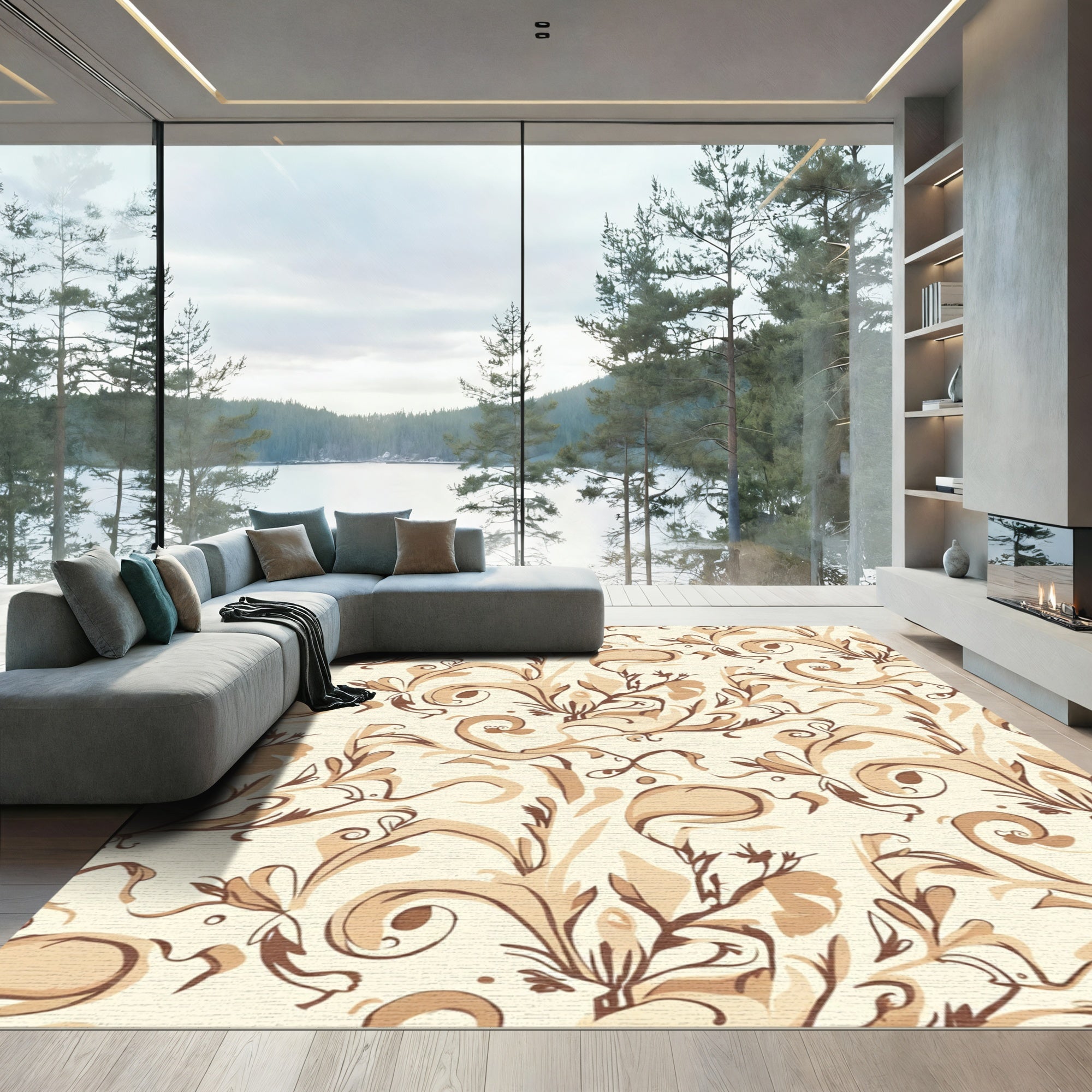 Brown Floral Swirl Watercolor Rug